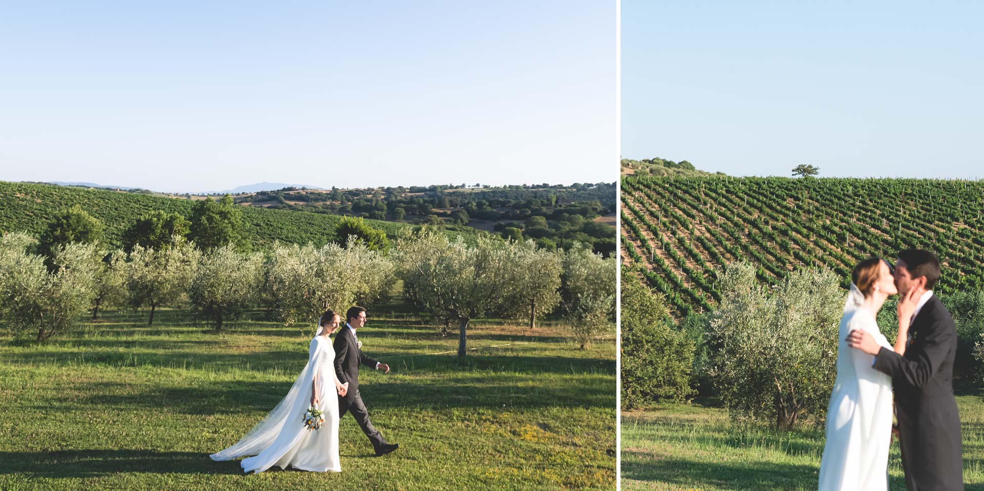 A newlywed couple photographed among vineyards and olive trees in Tuscany