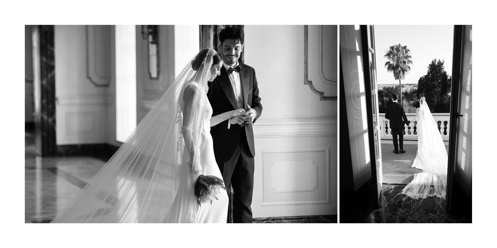 A newlywed couple photographed inside Villa Miani