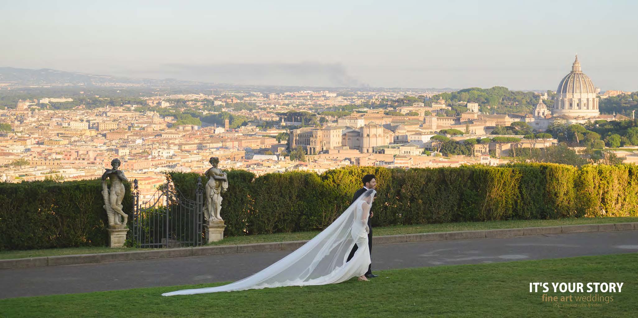 A newlywed couple overlooking Rome from Villa Miani